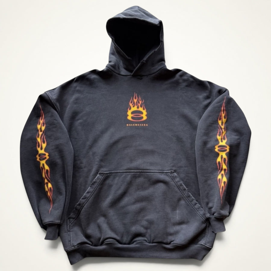 Balenciaga Flames Logo Hoodie (Washed Black)