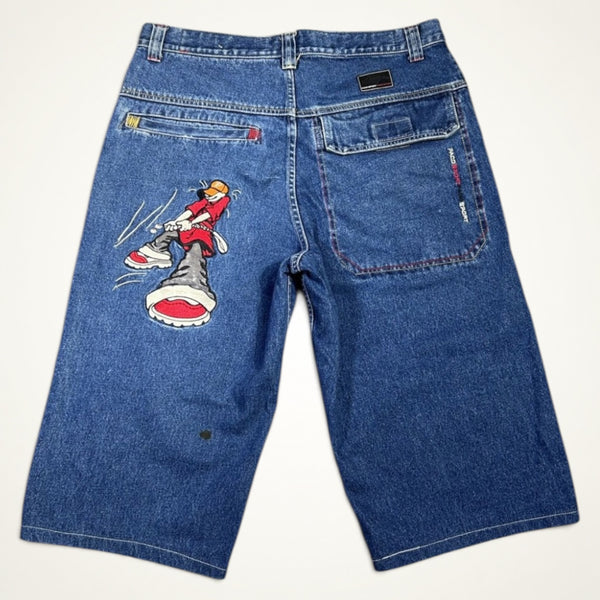 Y2K Baggy Denim Shorts Baseball Embroidery (Blue)