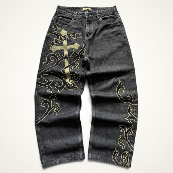 Y2K Cross Embroidered Baggy Jeans (Black)