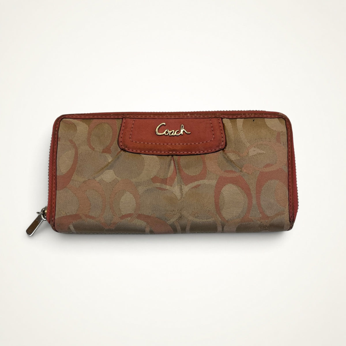 Coach Signature Zip Around Wallet (Khaki/Coral)