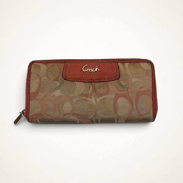 Coach Signature Zip Around Wallet (Khaki/Coral)
